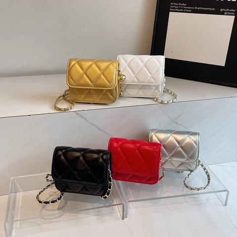 Mini Crossbody Bag Diamond Lattice Quilted PU Leather Chain Strap Gold Ball Adjustment Buckle Small Square Flap Purse