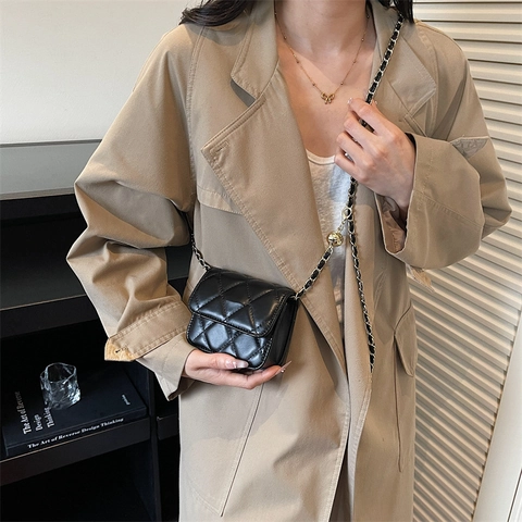 Mini Crossbody Bag Diamond Lattice Quilted PU Leather Chain Strap Gold Ball Adjustment Buckle Small Square Flap Purse