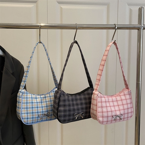 Vintage Tweed Plaid Okseltas Voor Dames Metalen Strik Decoratie Koreaanse Elegante Schoudertas Stijlvolle Handtas Dames Portemonnee