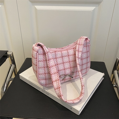 Borsa Sottobraccio In Tweed A Quadretti Per Donna Con Fiocco In Metallo Borsa Hobo Vintage Stile Francese Chiusura A Zip