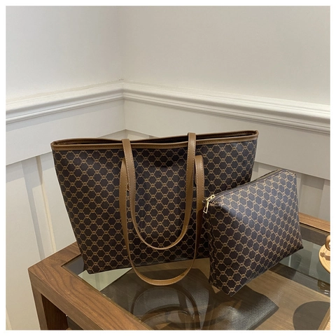 Große Kapazität Tote Bag Und Passende Tasche Beschichtete Leinwand Monogramm Druck Vintage Pendler Umhängetasche Für Frauen