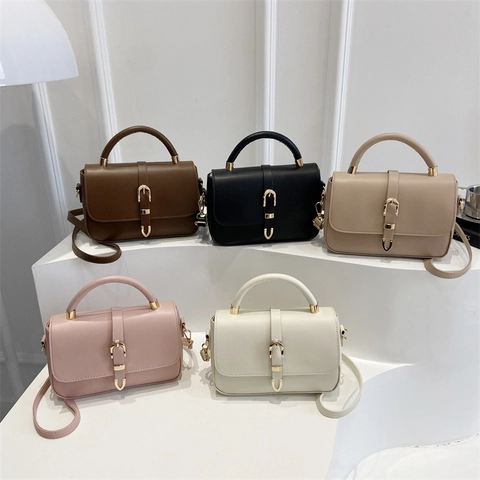 Damen Vintage PU Leder Kleine Quadratische Tasche Mit Griff Goldener Schnalle Verstellbarem Schultergurt Mode Pendler Handtasche