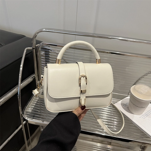Retro PU Leather Small Square Crossbody Bag With Top Handle Gold Buckle For Women Commuting Casual Shoulder Handbag