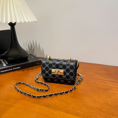 Mini Crossbody Tas Vintage Print PU Leer Gouden Kettingriem Draaisluiting Elegante Dames Schoudertas