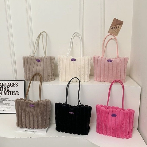 Women Faux Fur Plush Tote Bag Large Capacity Vertical Striped Underarm Shoulder Bag Fashion Casual Winter Handbag