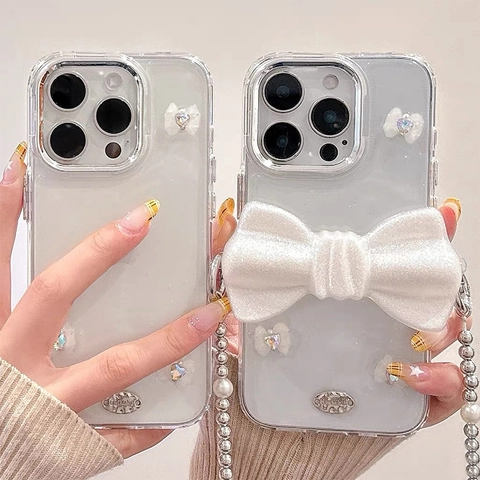 Glitter Bow Phone Case Crossbody Chain For IPhone TPU Soft Shell Rhinestone Artificial Pearl Shoulder Strap Sweet Girly Accessory