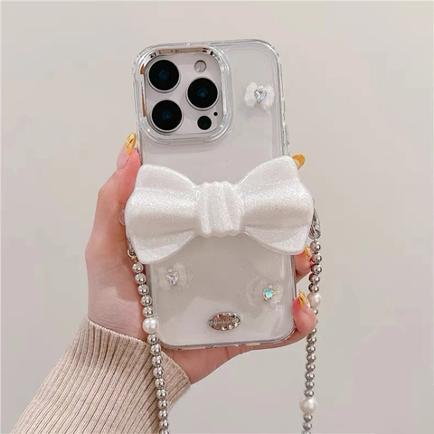 Glitter Bow Phone Case Crossbody Chain For IPhone TPU Soft Shell Rhinestone Artificial Pearl Shoulder Strap Sweet Girly Accessory
