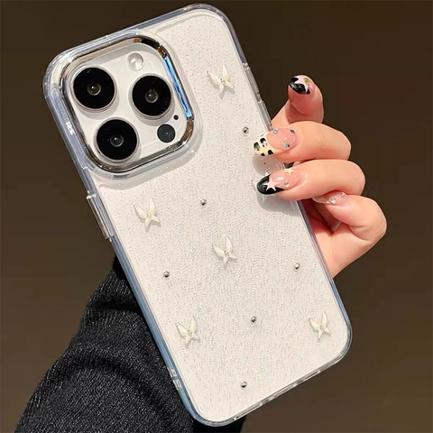 3D Butterfly Phone Case Fine Glitter Transparent TPU Bow Protective Back Cover Girly Aesthetic Style