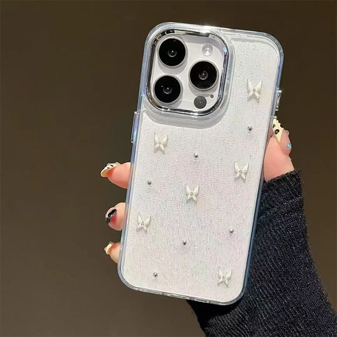 3D Butterfly Phone Case Fine Glitter Transparent TPU Bow Protective Back Cover Girly Aesthetic Style