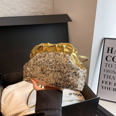 Borsa Di Paillettes Metallico Pelle PU Clutch Nuvola Donna Serata Festa Tracolla Elegante