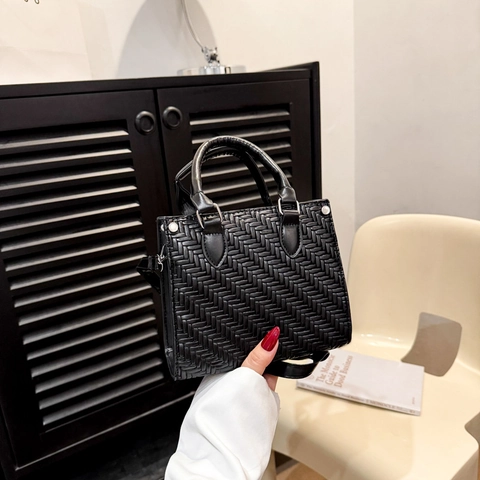 Woven Tote Bag Vintage PU Leather Handbag With Adjustable Strap Square Top Handle Shoulder Bag Fashion Elegant For Women