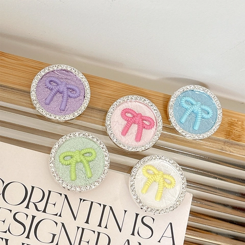 Round Rhinestone Bowknot Phone Holder Foldable Plastic Griptok Socket Expanding Bracket Macaron Colors Cute Accessory