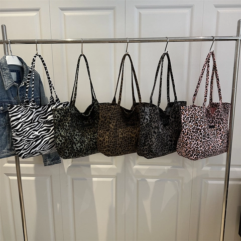 Damen Leopard Zebra Print Canvas Tote Bag Große Kapazität Lässige Schulter Handtasche Mit Fronttasche Reißverschluss
