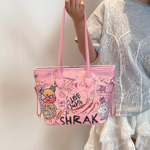 Graffiti Tote Bag Grote Capaciteit PU Leer Streetwear Stijl Schoudertas Met Rits Cartoon Print Voor Vrouwen