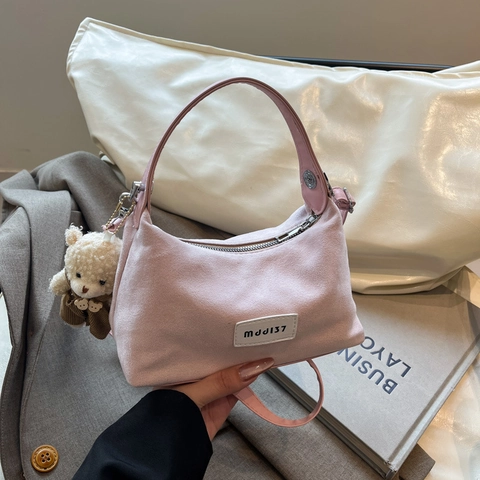 Women Retro Denim Suede Dumpling Bag Casual Crossbody Handbag With Cute Bear Pendant Zipper Shoulder Bag Vintage