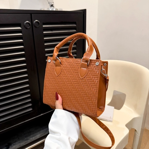 Woven Tote Bag Vintage PU Leather Handbag With Adjustable Strap Square Top Handle Shoulder Bag Fashion Elegant For Women