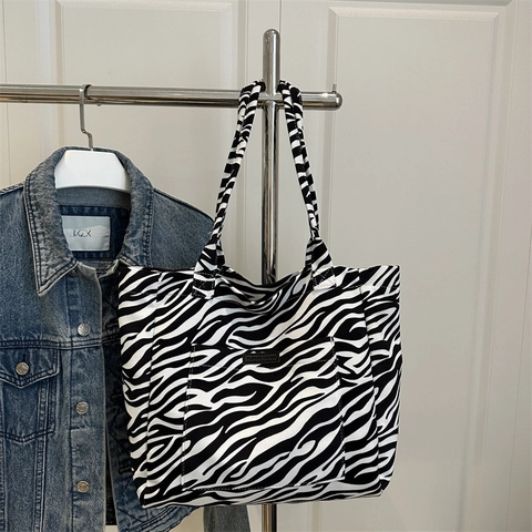 Damen Leopard Zebra Print Canvas Tote Bag Große Kapazität Lässige Schulter Handtasche Mit Fronttasche Reißverschluss