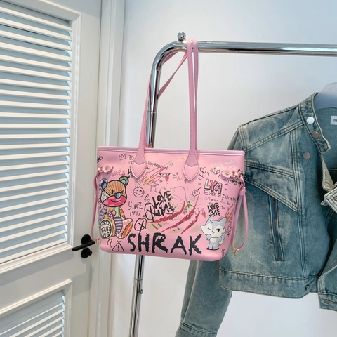 Graffiti Print Tote Bag PU Leather Large Capacity Street Style Shoulder Handbag For Women Casual Travel