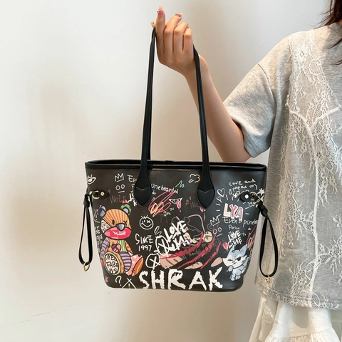 Graffiti Tote Bag Grote Capaciteit PU Leer Streetwear Stijl Schoudertas Met Rits Cartoon Print Voor Vrouwen