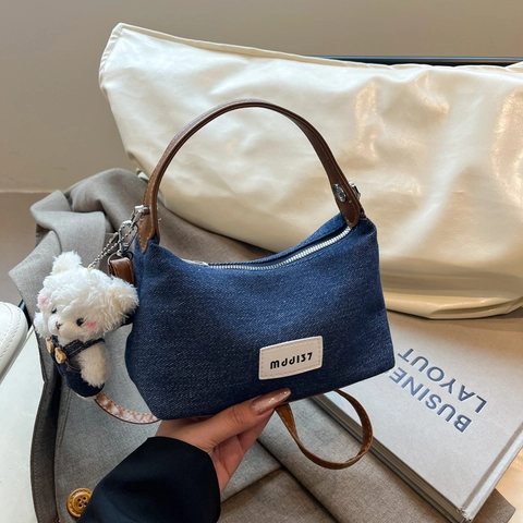 Women Retro Denim Suede Dumpling Bag Casual Crossbody Handbag With Cute Bear Pendant Zipper Shoulder Bag Vintage