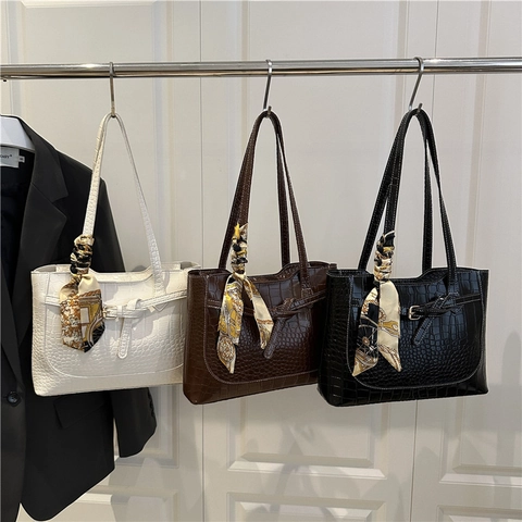 Women Korean Style Large Capacity Tote Bag Crocodile Pattern PU Leather Shoulder Bag With Decorative Satin Scarf