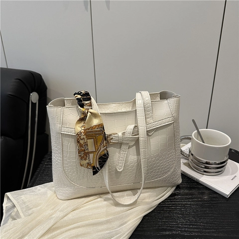 Women Korean Style Large Capacity Tote Bag Crocodile Pattern PU Leather Shoulder Bag With Decorative Satin Scarf