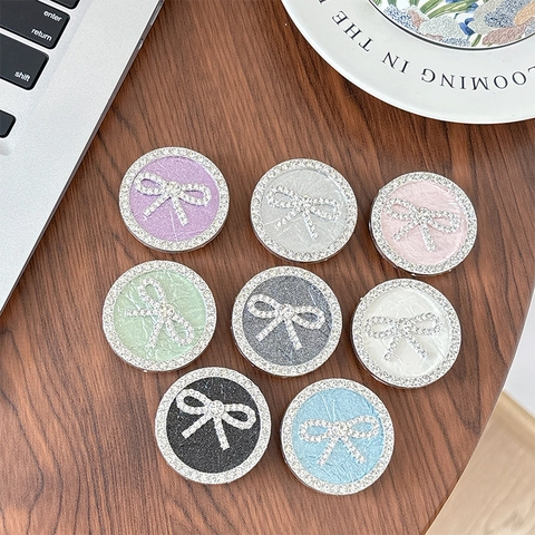 Supporto Per Telefono Rotondo Con Strass Impugnatura Adesiva Presa Espandibile Glitter Fiocco Plastica Ecopelle Elegante Supporto