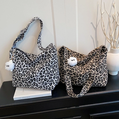 Leopard Print Canvas Crossbody Bag Large Capacity Hobo Shoulder Tote With Plush Monster Charm Adjustable Wide Strap Casual