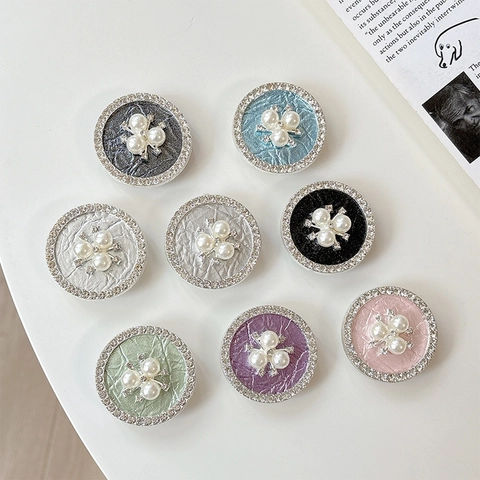 Supporto Magnetico Per Telefono Rotondo Con Fiore Di Perla Artificial E Strass Texture In Pelle Di Lusso Supporto Da Tavolo Per Donna