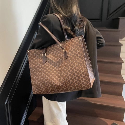 Vintage Μεγάλη Τσάντα Tote PU Δέρμα Μονόγραμμα Γράμμα M Εκτύπωση Μετακίνηση Ώμου Τσάντα Χειρός Τάση Γυναίκες Καθημερινή