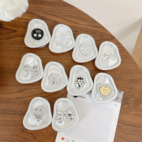 Supporto Impugnatura Per Telefono Pieghevole Per Retro Adesivo 3D Cuore Fiocco Fiore Metallico Struttura In Carta Stagnola