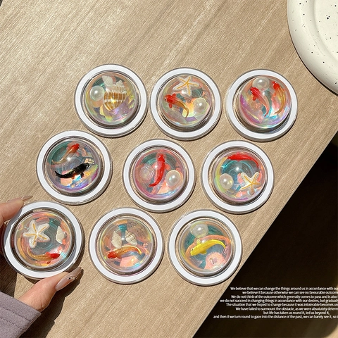 Soporte De Agarre Magnético Expandible Para Teléfono Redondo 3D Micro Paisaje Tema Marino Pez Koi Concha Resina Holográfico