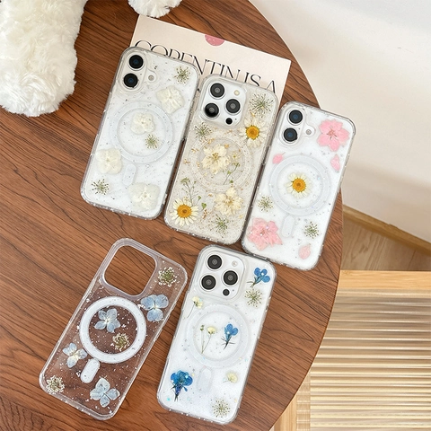 Funda Magnética Compatible Carga Inalámbrica Flores Secas Reales TPU PC Transparente Brillo Floral Protectora De Teléfono