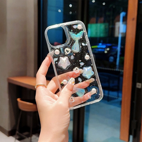 3D Mermaid Tail Artificial Pearl Star TPU Phone Case For iPhone 16 Pro Max Dreamy Glitter Shockproof Soft Protective Cover Shell