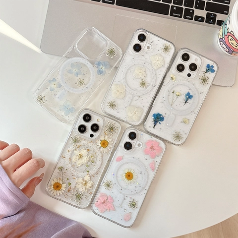 Funda Magnética Compatible Carga Inalámbrica Flores Secas Reales TPU PC Transparente Brillo Floral Protectora De Teléfono