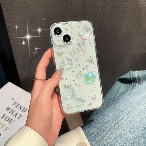 3D Mermaid Tail Artificial Pearl Star TPU Phone Case For iPhone 16 Pro Max Dreamy Glitter Shockproof Soft Protective Cover Shell