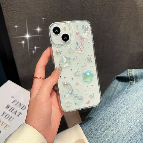 3D Mermaid Tail Artificial Pearl Star TPU Phone Case For iPhone 16 Pro Max Dreamy Glitter Shockproof Soft Protective Cover Shell