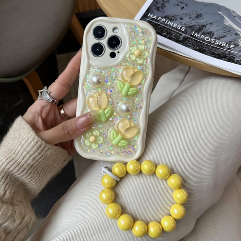 Custodia Per Telefono Con Fiore Di Tulipano 3D Per Smartphone Bordo Ondulato Cover Protettiva In TPU Crema Con Künstliche Perle E Glitter Laser