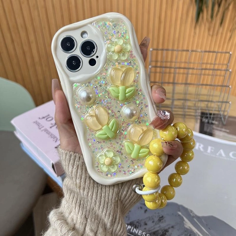 Custodia Per Telefono Con Fiore Di Tulipano 3D Per Smartphone Bordo Ondulato Cover Protettiva In TPU Crema Con Künstliche Perle E Glitter Laser