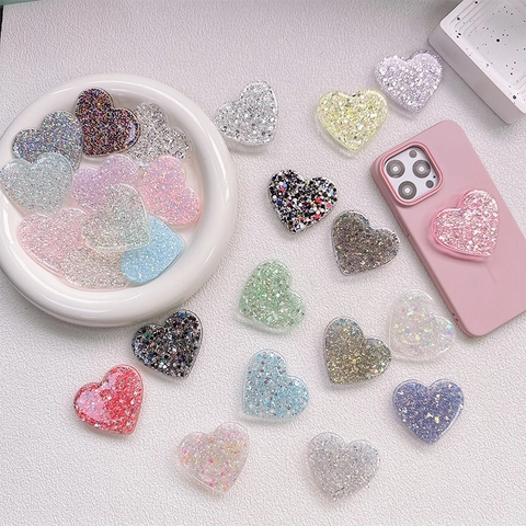 Heart Shaped Phone Socket Retractable Glitter Sequin Resin Drip Glue Sparkly Bling Collapsible Griptok Bracket For Smartphone
