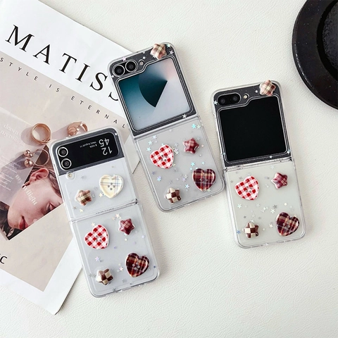 Foldable Phone Case 3D Plaid Heart Star Button Decor Frosted PC Hard Shell Glitter Sweet Retro Style Cute Protective Cover