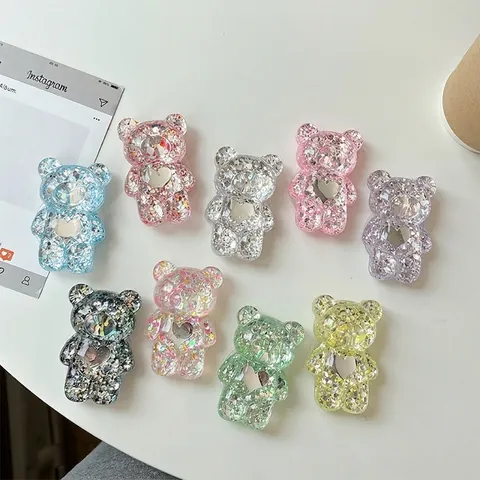 Supporto Per Telefono 3D Orso Paillettes Glitter Estensibile Specchio Cuore Resina Impugnatura Airbag Per Scrivania Donne Ragazze