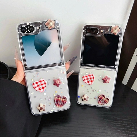 Foldable Phone Case 3D Plaid Heart Star Button Decor Frosted PC Hard Shell Glitter Sweet Retro Style Cute Protective Cover
