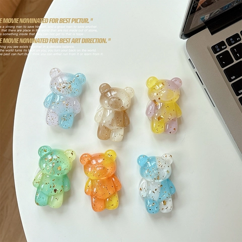 Cartoon Bear Cell Phone Grip Stand Transparent Resin Gold Foil Gradient Color Expandable Folding Bracket Desktop Support