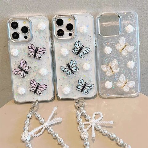 Funda Para Teléfono De Mariposa Y Flor 3D Decoración De Resina Con Brillo Estrellado Transparente TPU Suave Para Mujer