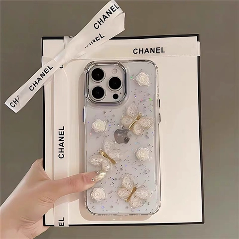 Funda Para Teléfono De Mariposa Y Flor 3D Decoración De Resina Con Brillo Estrellado Transparente TPU Suave Para Mujer