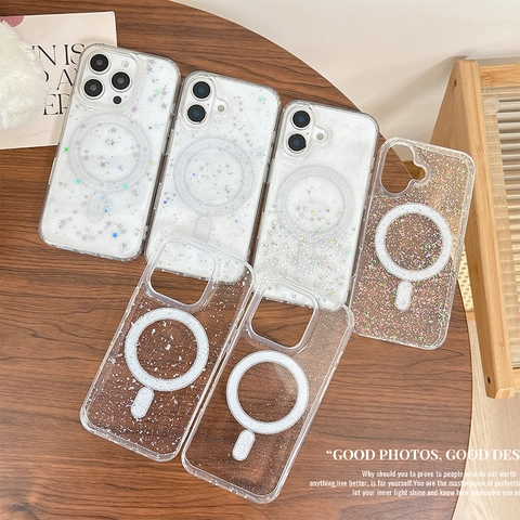 Funda Magnética Para Teléfono Transparente Con Purpurina Estrellas Lentejuelas Cubierta De TPU Suave Compatible Con MagSafe Para IPhone