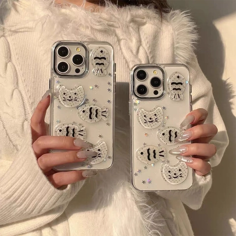 Leuke 3D Cartoon Kat En Vis Telefoonhoesje Transparant Fijne Glitter Ster Druppellijm Schokbestendig Zacht TPU Hoesje