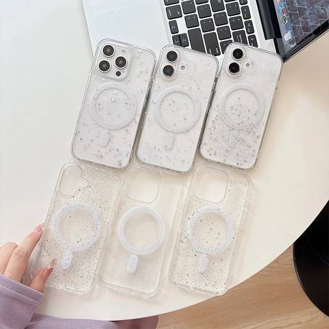 Funda Magnética Para Teléfono Transparente Con Purpurina Estrellas Lentejuelas Cubierta De TPU Suave Compatible Con MagSafe Para IPhone