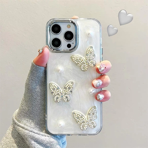 3D Artificial Pearl Butterfly Smartphone Case With Hand Strap Chain Rhinestone Glitter Luxury Resin Protective Cover For Women Girls